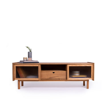 Sem Natural Wood Ribbed Glass TV Stand