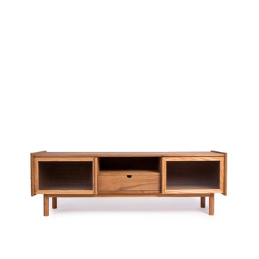 Sem Natural Wood Ribbed Glass TV Stand